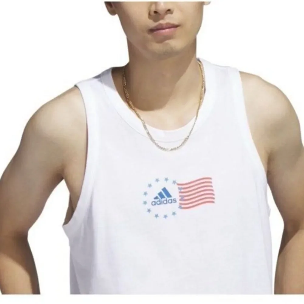 Adidas Men Sleeveless Tank Top Shirt American Flag Graphic White